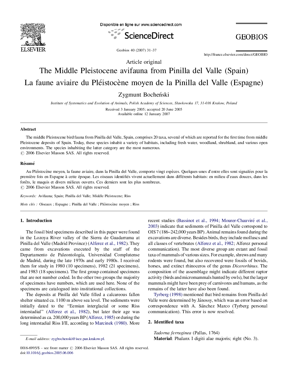 The Middle Pleistocene avifauna from Pinilla del Valle (Spain)