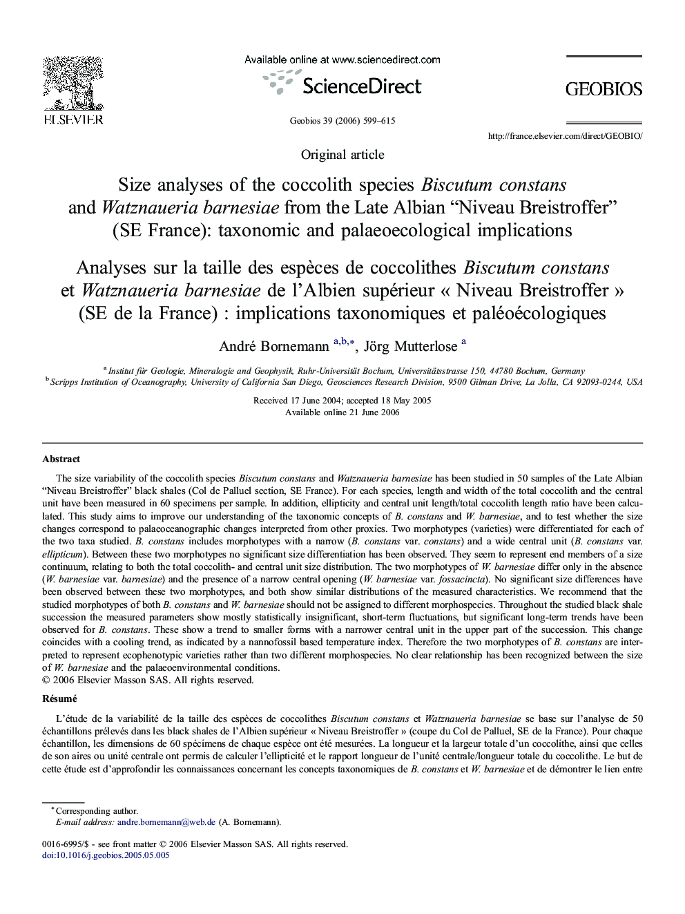 Size analyses of the coccolith species Biscutum constans and Watznaueria barnesiae from the Late Albian “Niveau Breistroffer” (SE France): taxonomic and palaeoecological implications