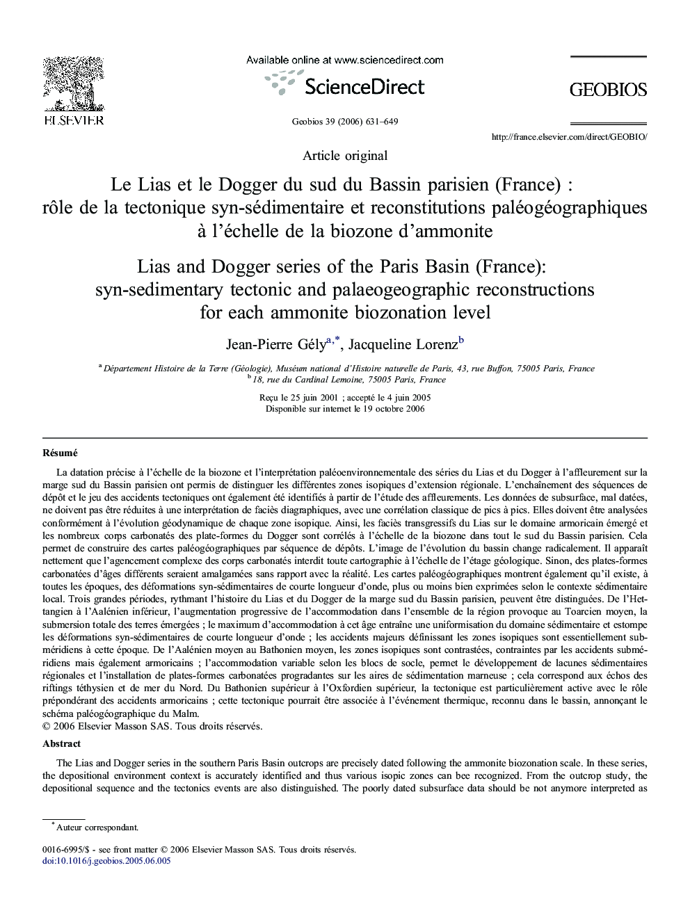 Le Lias et le Dogger du sud du Bassin parisien (France) : rôle de la tectonique syn-sédimentaire et reconstitutions paléogéographiques à l'échelle de la biozone d'ammonite