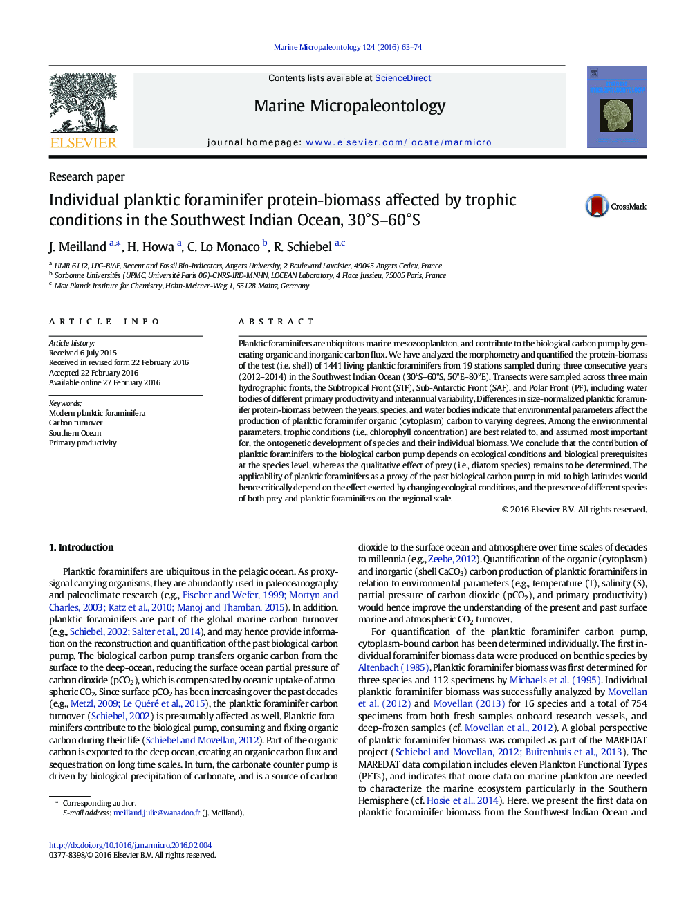 Individual planktic foraminifer protein-biomass affected by trophic conditions in the Southwest Indian Ocean, 30°S–60°S