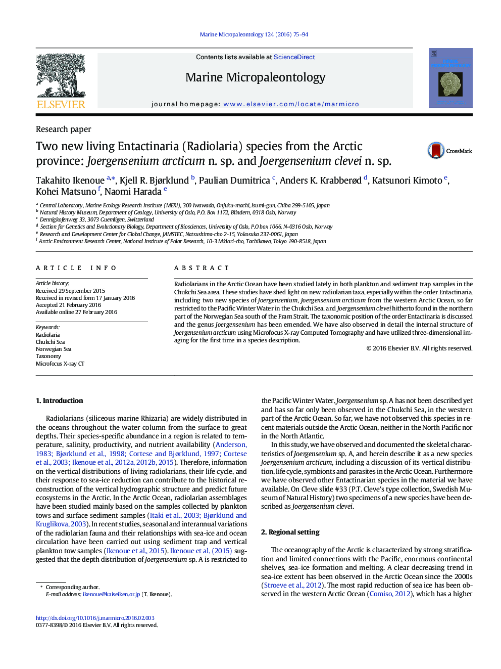 Two new living Entactinaria (Radiolaria) species from the Arctic province: Joergensenium arcticum n. sp. and Joergensenium clevei n. sp.