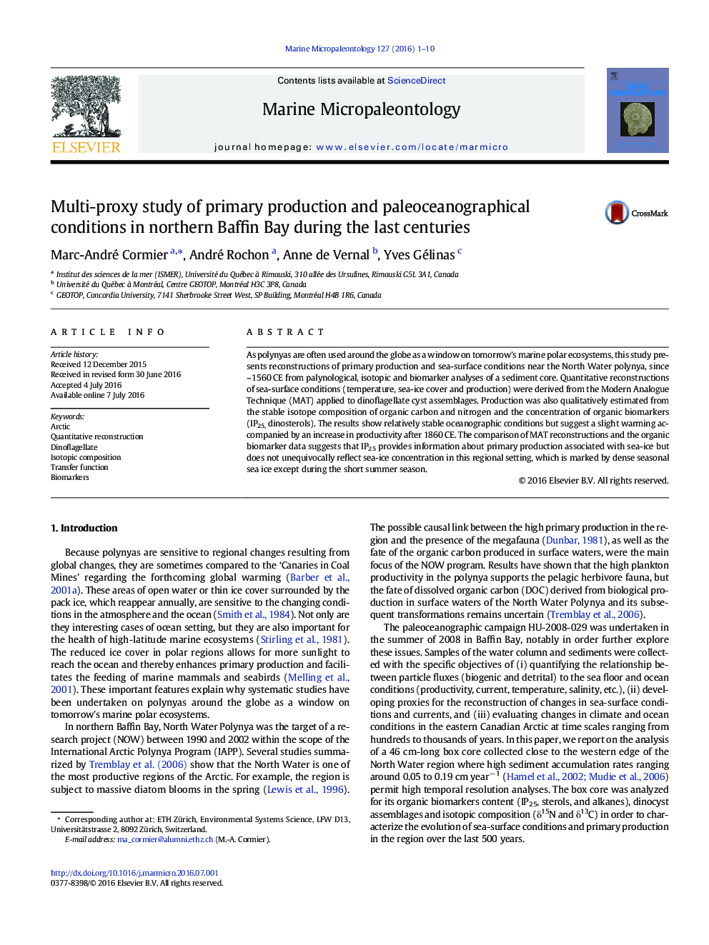 Multi-proxy study of primary production and paleoceanographical conditions in northern Baffin Bay during the last centuries