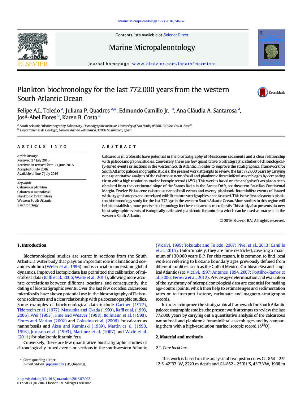 Plankton biochronology for the last 772,000 years from the western South Atlantic Ocean