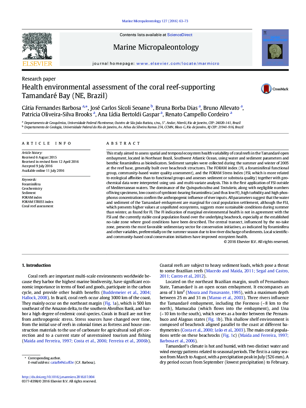 Health environmental assessment of the coral reef-supporting Tamandaré Bay (NE, Brazil)