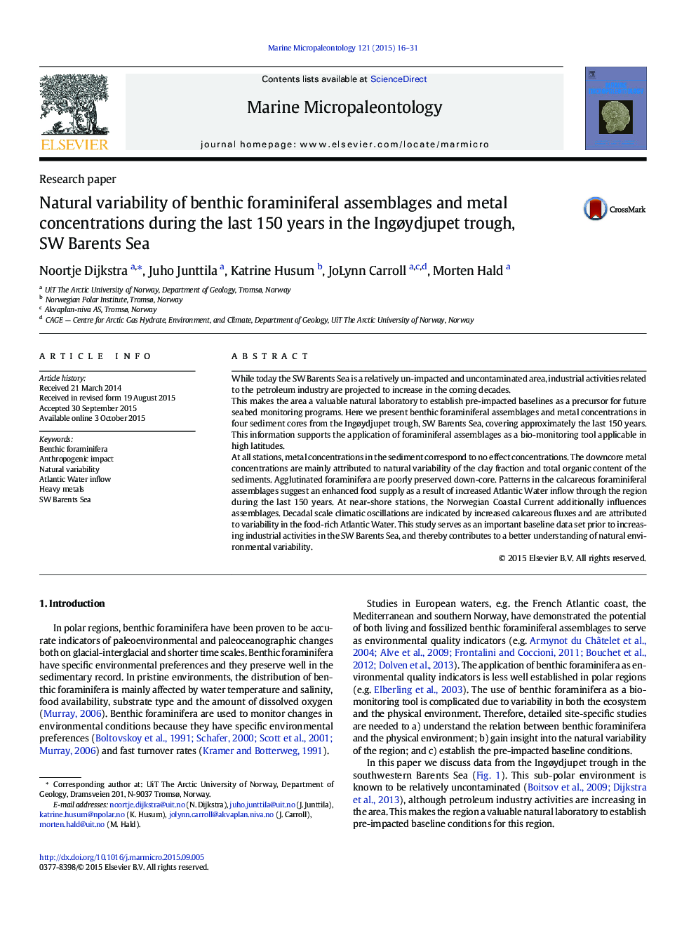 Natural variability of benthic foraminiferal assemblages and metal concentrations during the last 150 years in the Ingøydjupet trough, SW Barents Sea