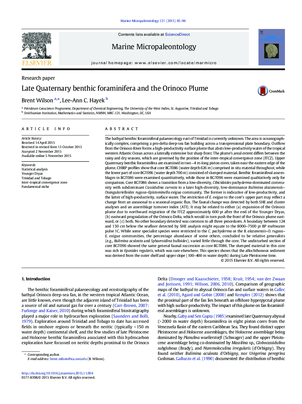 Late Quaternary benthic foraminifera and the Orinoco Plume