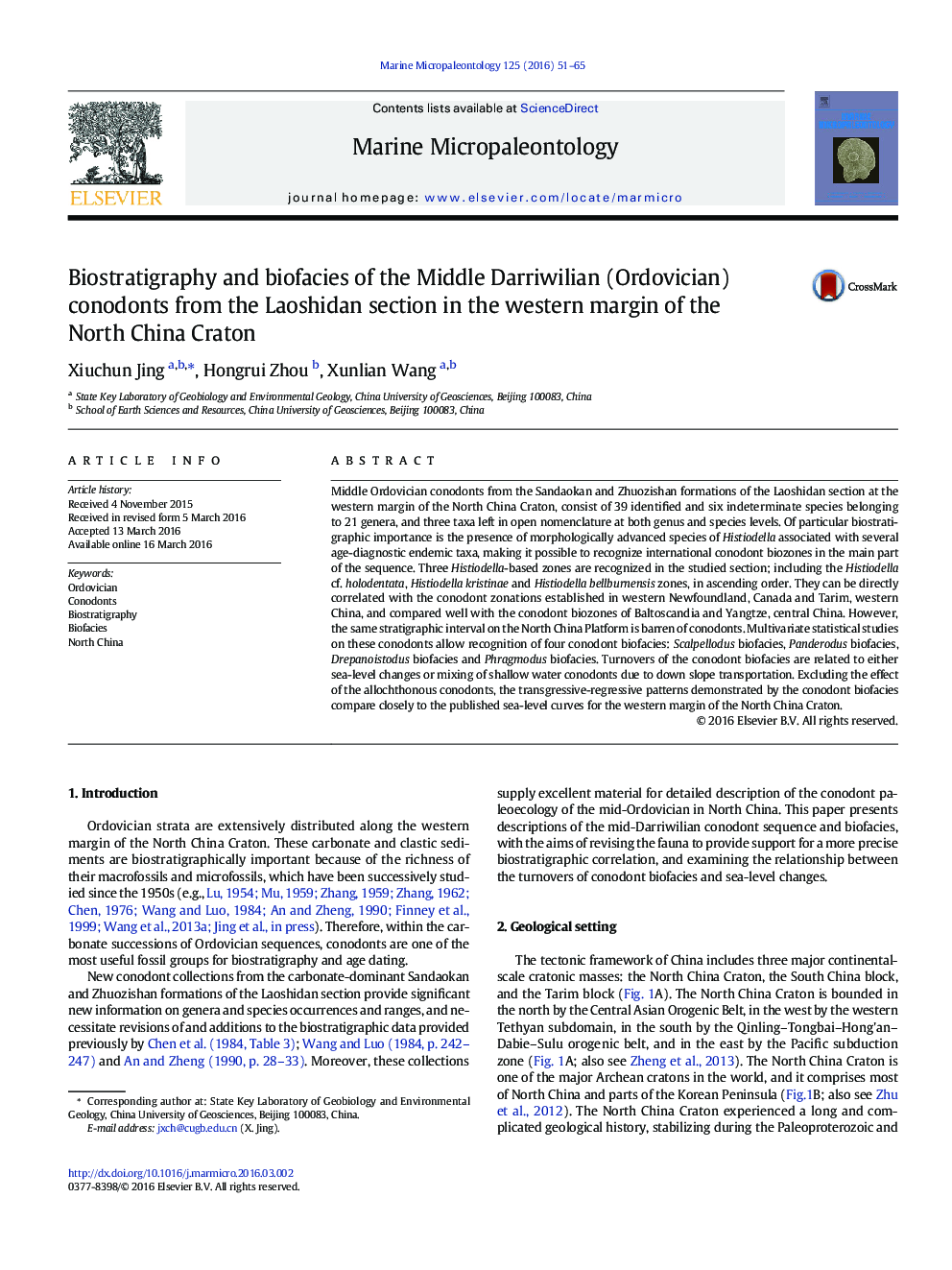 Biostratigraphy and biofacies of the Middle Darriwilian (Ordovician) conodonts from the Laoshidan section in the western margin of the North China Craton