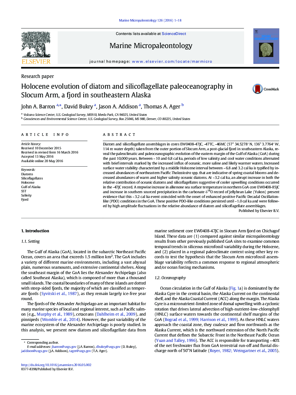 Holocene evolution of diatom and silicoflagellate paleoceanography in Slocum Arm, a fjord in southeastern Alaska