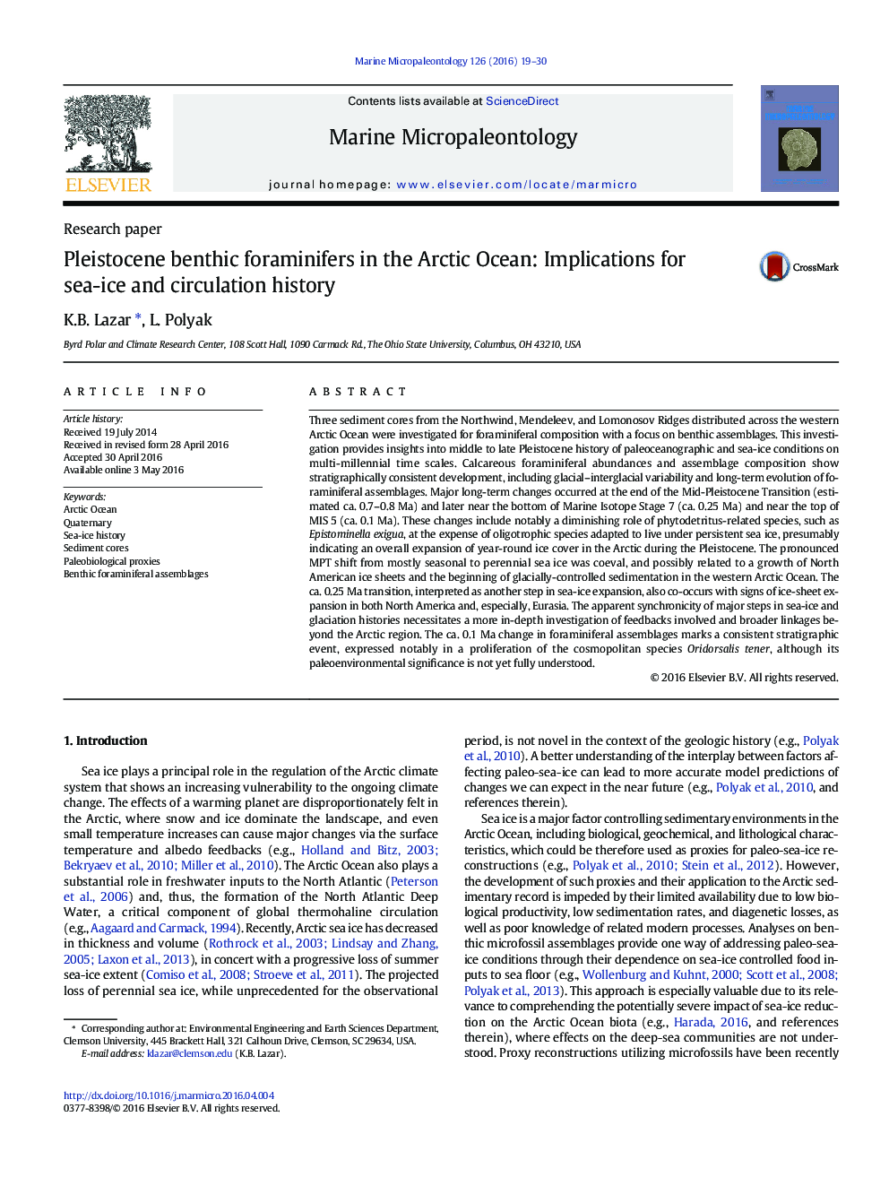 Pleistocene benthic foraminifers in the Arctic Ocean: Implications for sea-ice and circulation history