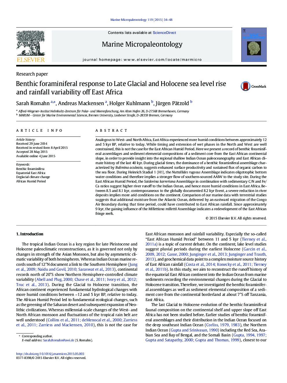 Benthic foraminiferal response to Late Glacial and Holocene sea level rise and rainfall variability off East Africa