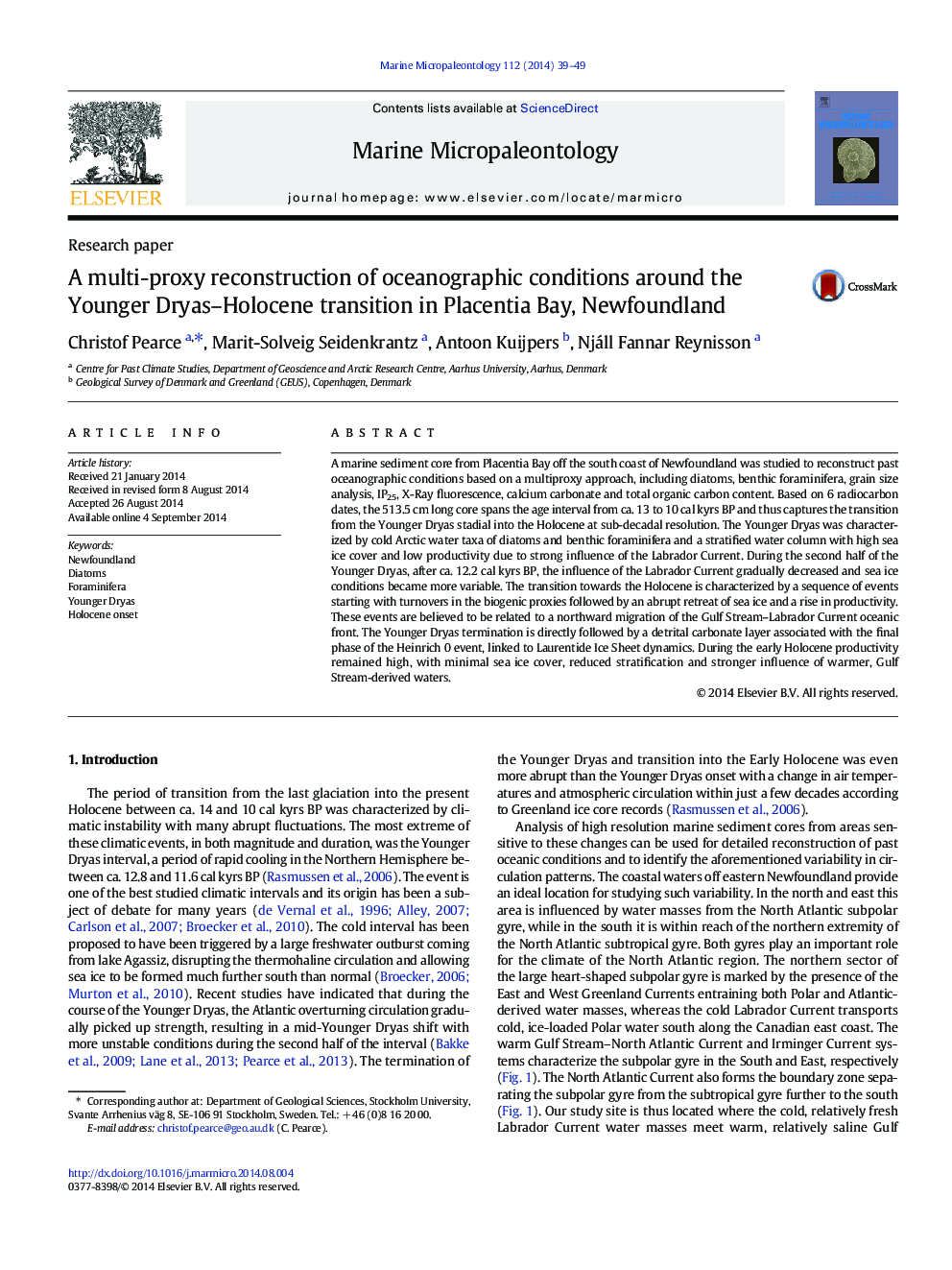 A multi-proxy reconstruction of oceanographic conditions around the Younger Dryas–Holocene transition in Placentia Bay, Newfoundland