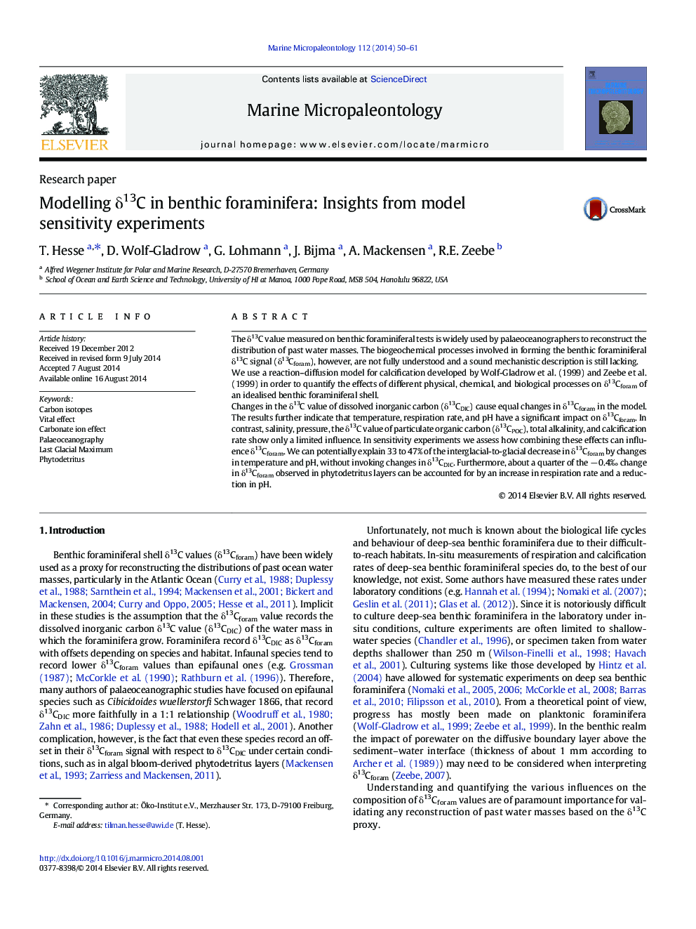 Modelling δ13C in benthic foraminifera: Insights from model sensitivity experiments