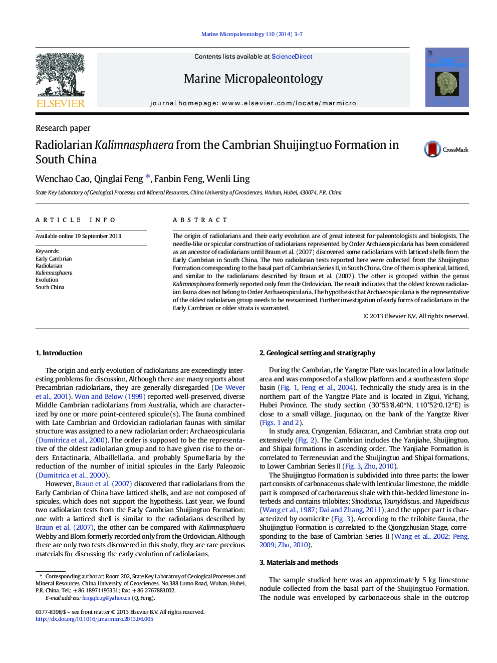 عکس صفحه اول مقاله: Radiolarian Kalimnasphaera from the Cambrian Shuijingtuo Formation in South China Radiolarian Kalimnasphaera from the Cambrian Shuijingtuo Formation in South China