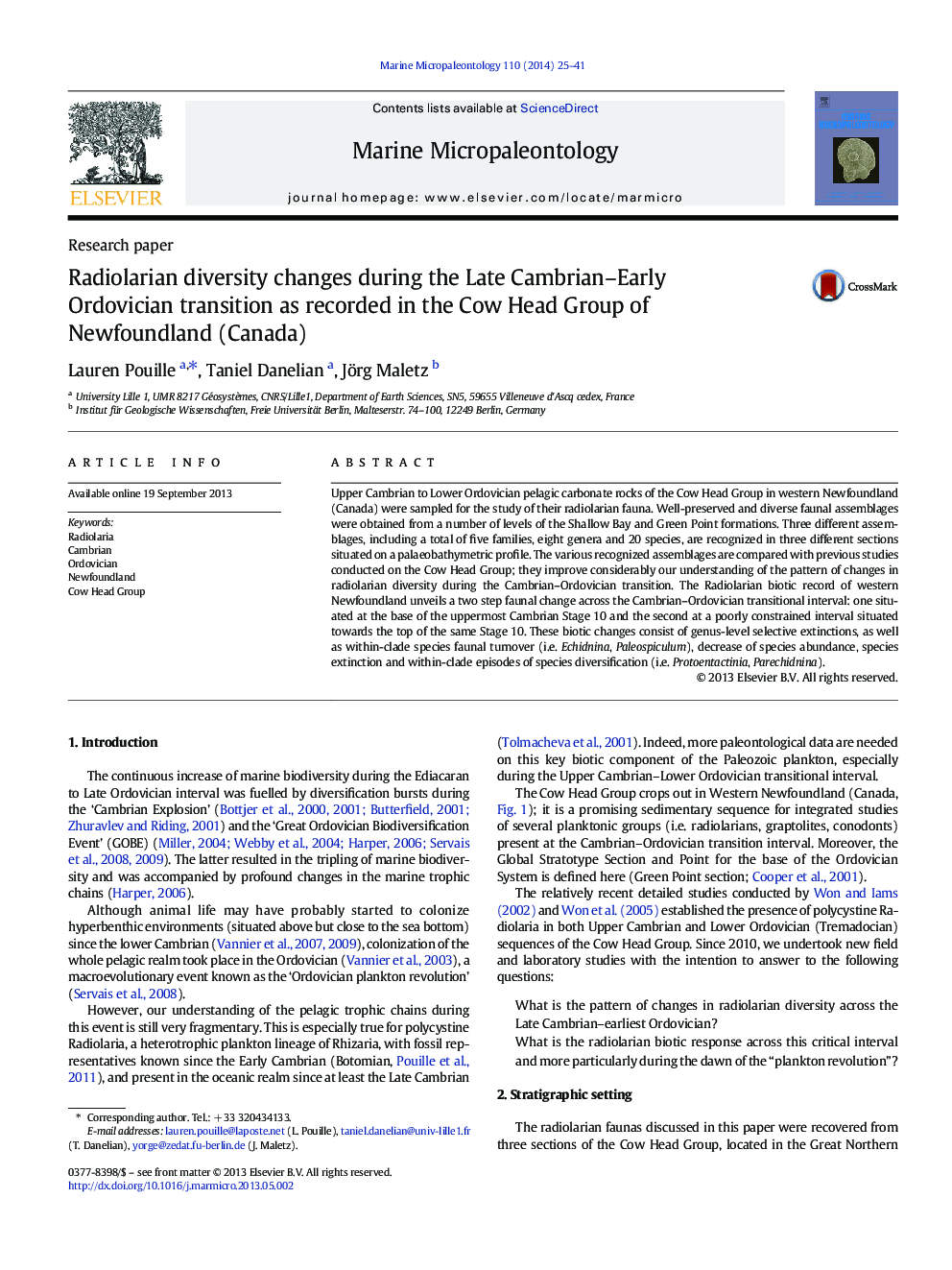 Radiolarian diversity changes during the Late Cambrian–Early Ordovician transition as recorded in the Cow Head Group of Newfoundland (Canada)