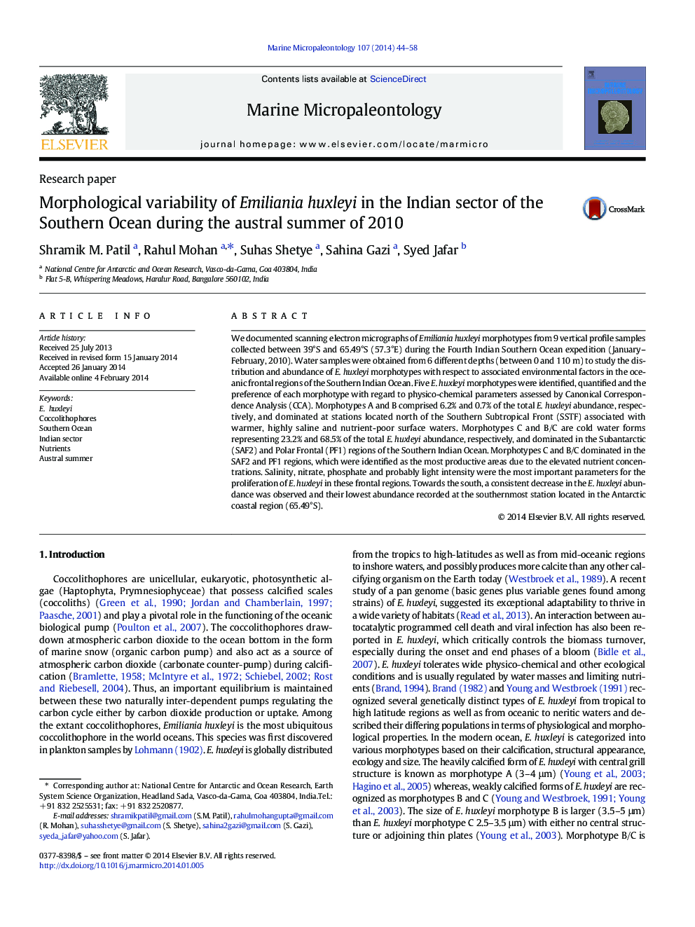 Morphological variability of Emiliania huxleyi in the Indian sector of the Southern Ocean during the austral summer of 2010