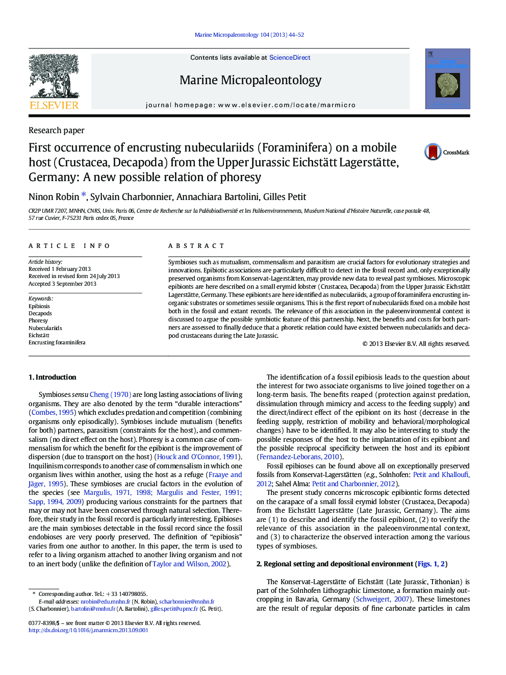 First occurrence of encrusting nubeculariids (Foraminifera) on a mobile host (Crustacea, Decapoda) from the Upper Jurassic Eichstätt Lagerstätte, Germany: A new possible relation of phoresy