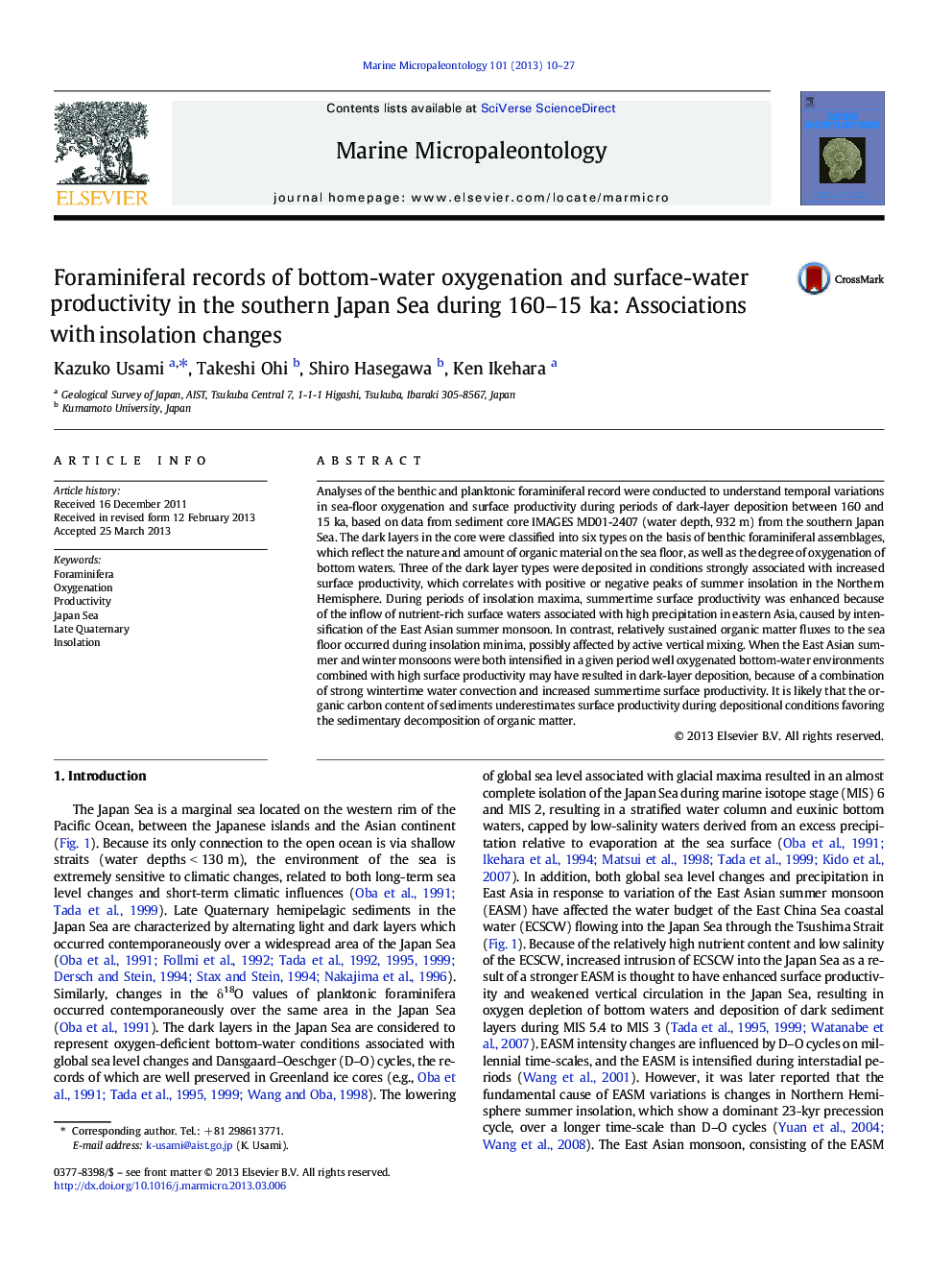 Foraminiferal records of bottom-water oxygenation and surface-water productivity in the southern Japan Sea during 160-15Â ka: Associations with insolation changes