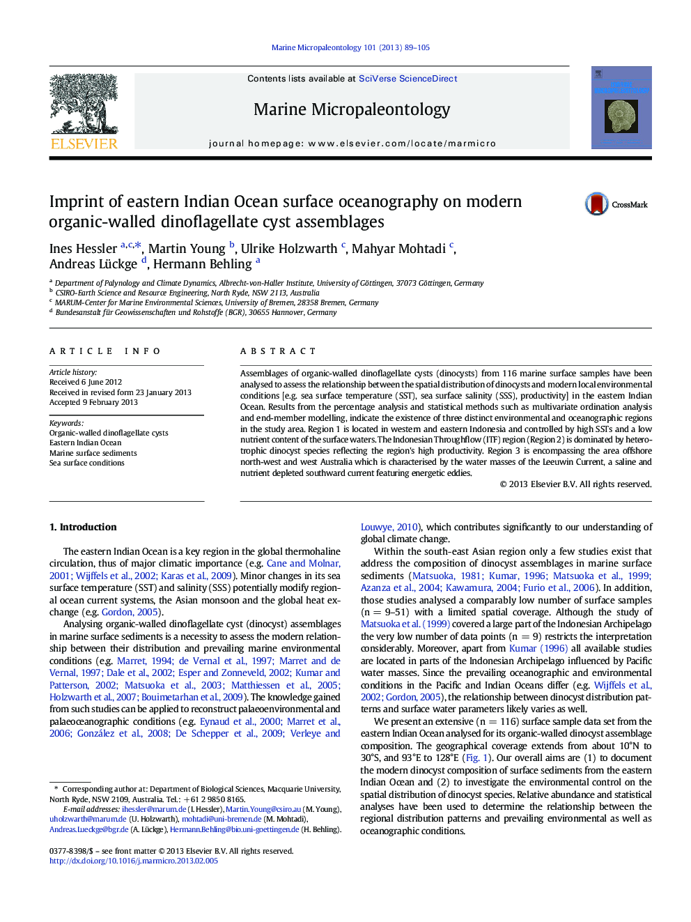 Imprint of eastern Indian Ocean surface oceanography on modern organic-walled dinoflagellate cyst assemblages