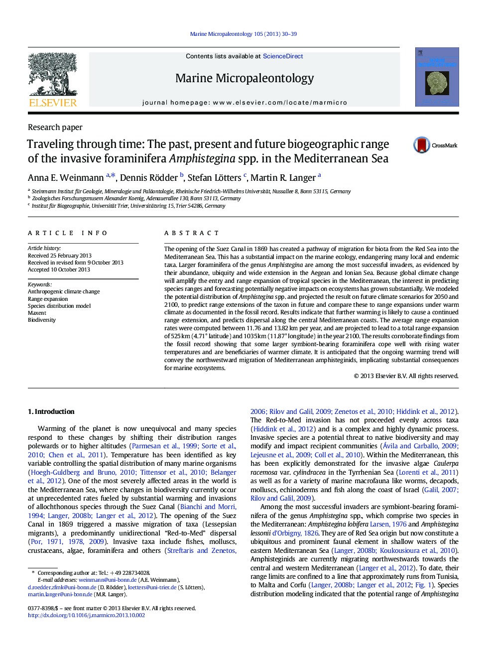 Traveling through time: The past, present and future biogeographic range of the invasive foraminifera Amphistegina spp. in the Mediterranean Sea