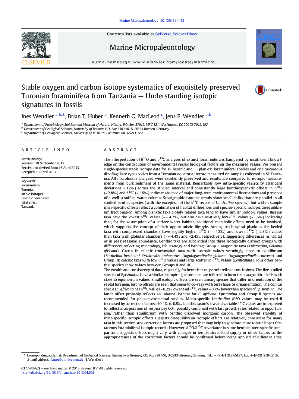 Stable oxygen and carbon isotope systematics of exquisitely preserved Turonian foraminifera from Tanzania — Understanding isotopic signatures in fossils