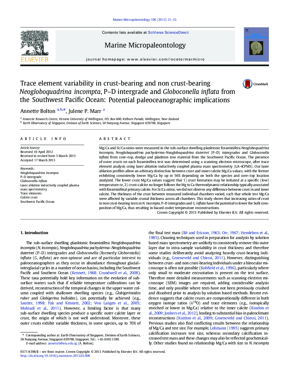 Trace element variability in crust-bearing and non crust-bearing Neogloboquadrina incompta, P–D intergrade and Globoconella inflata from the Southwest Pacific Ocean: Potential paleoceanographic implications