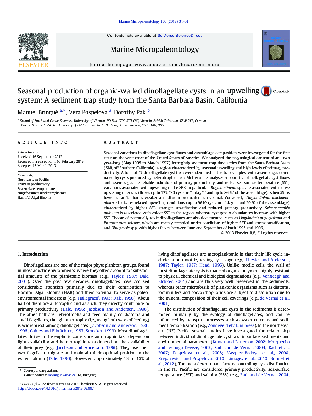 Seasonal production of organic-walled dinoflagellate cysts in an upwelling system: A sediment trap study from the Santa Barbara Basin, California