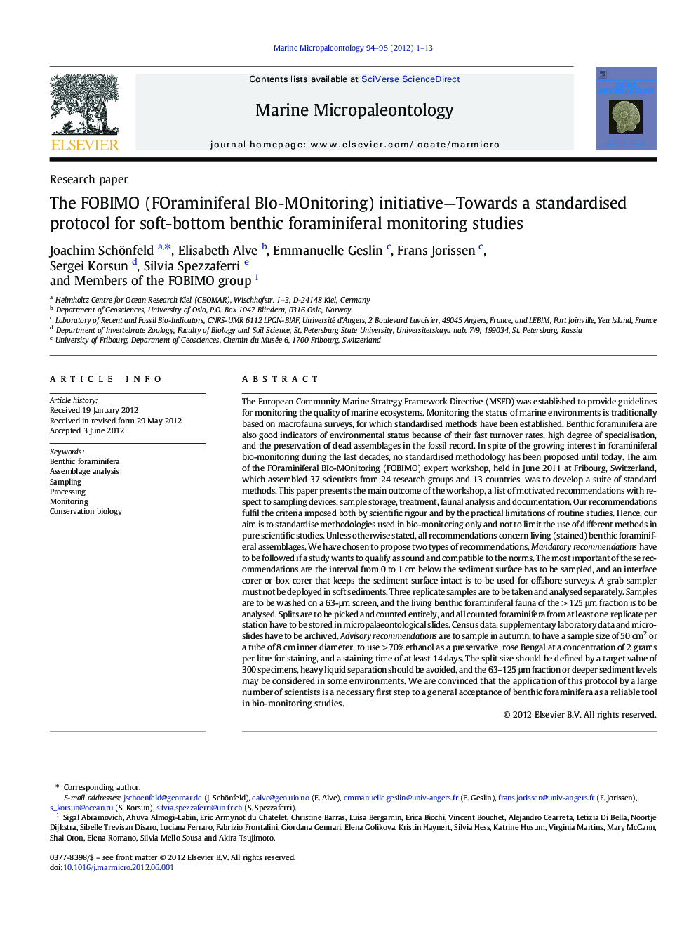 The FOBIMO (FOraminiferal BIo-MOnitoring) initiative—Towards a standardised protocol for soft-bottom benthic foraminiferal monitoring studies