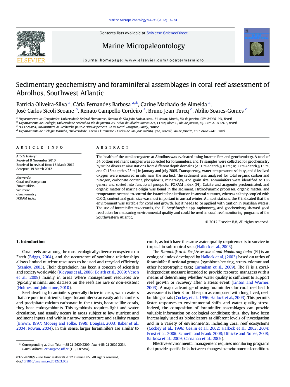 Sedimentary geochemistry and foraminiferal assemblages in coral reef assessment of Abrolhos, Southwest Atlantic