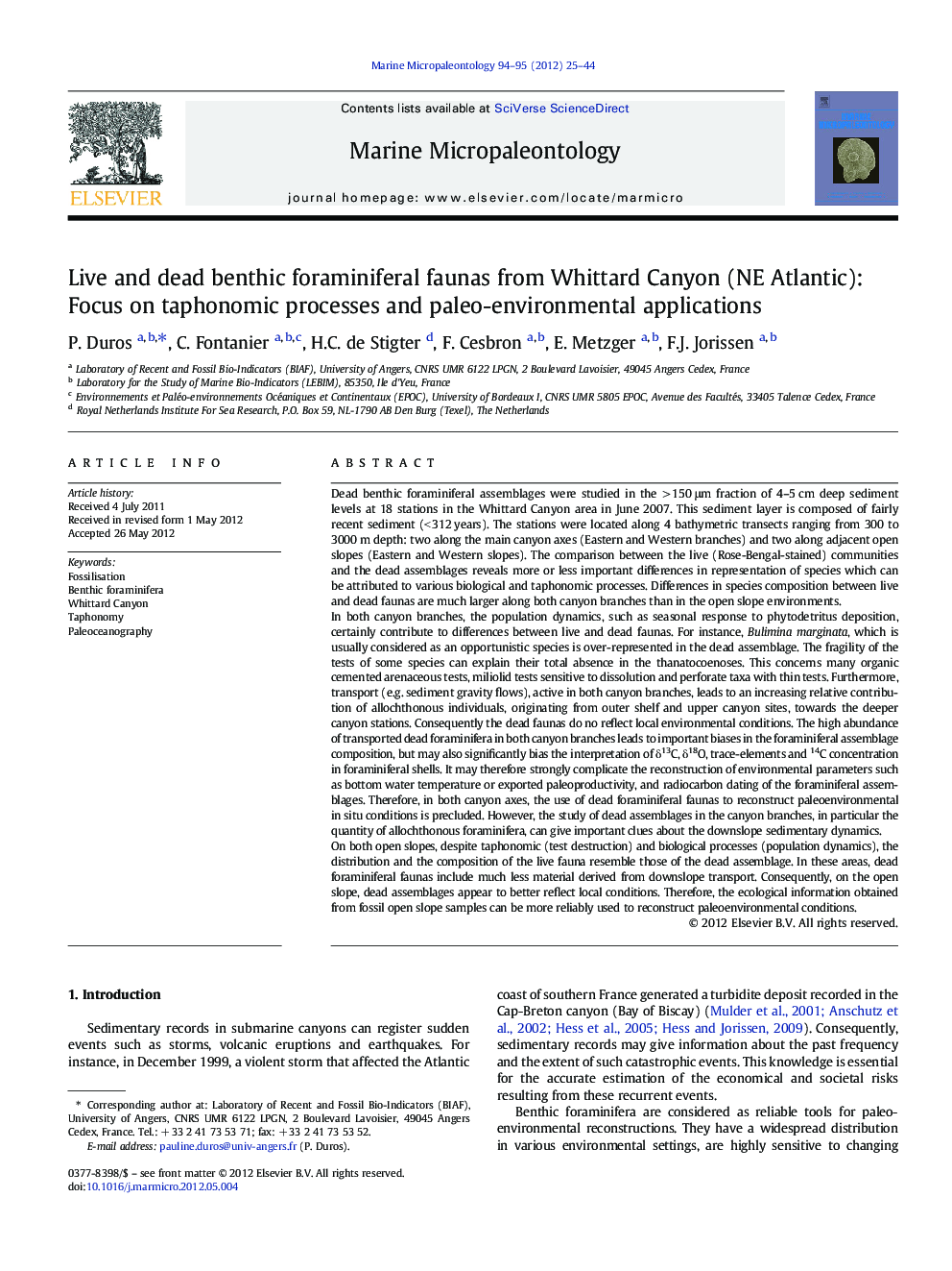 Live and dead benthic foraminiferal faunas from Whittard Canyon (NE Atlantic): Focus on taphonomic processes and paleo-environmental applications