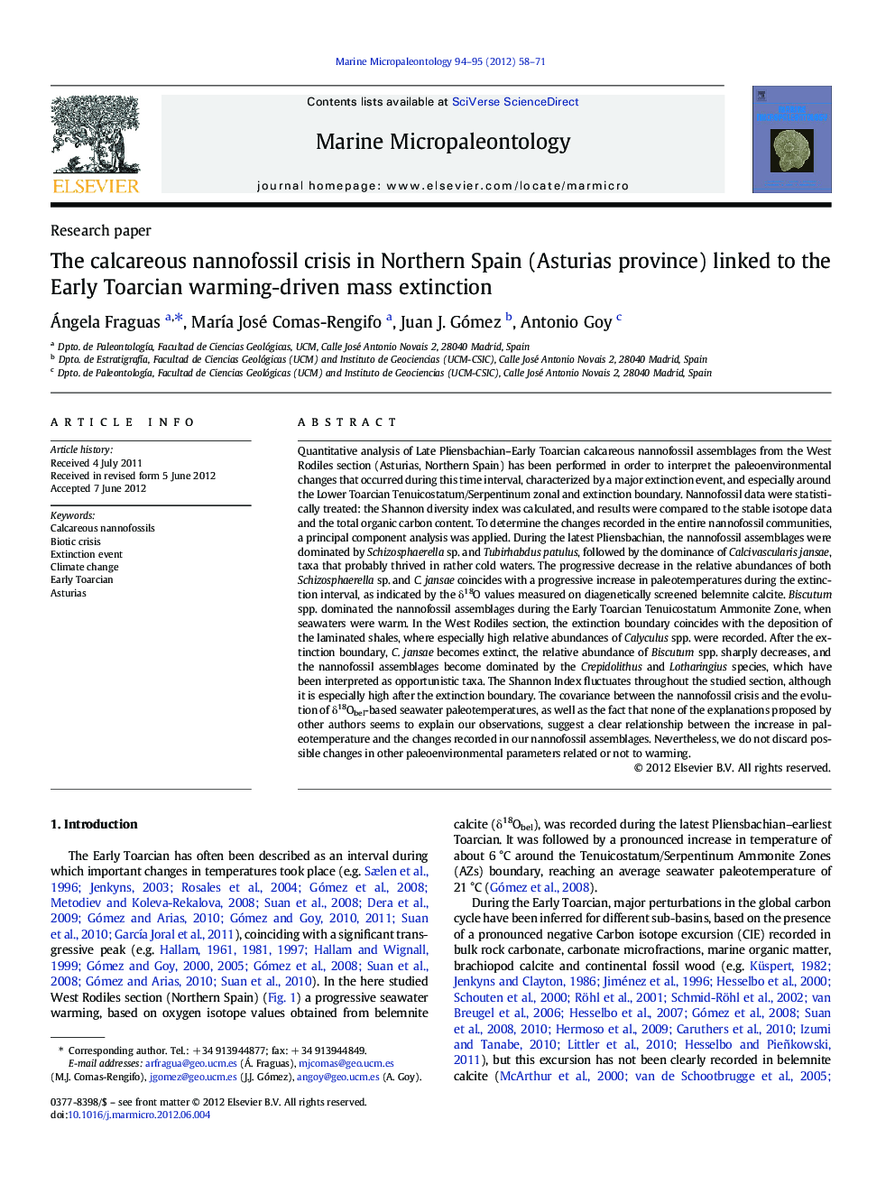 The calcareous nannofossil crisis in Northern Spain (Asturias province) linked to the Early Toarcian warming-driven mass extinction