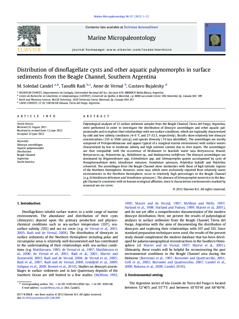 Distribution of dinoflagellate cysts and other aquatic palynomorphs in surface sediments from the Beagle Channel, Southern Argentina