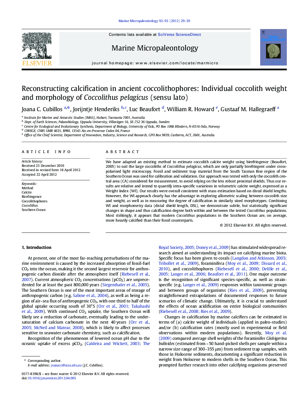 Reconstructing calcification in ancient coccolithophores: Individual coccolith weight and morphology of Coccolithus pelagicus (sensu lato)