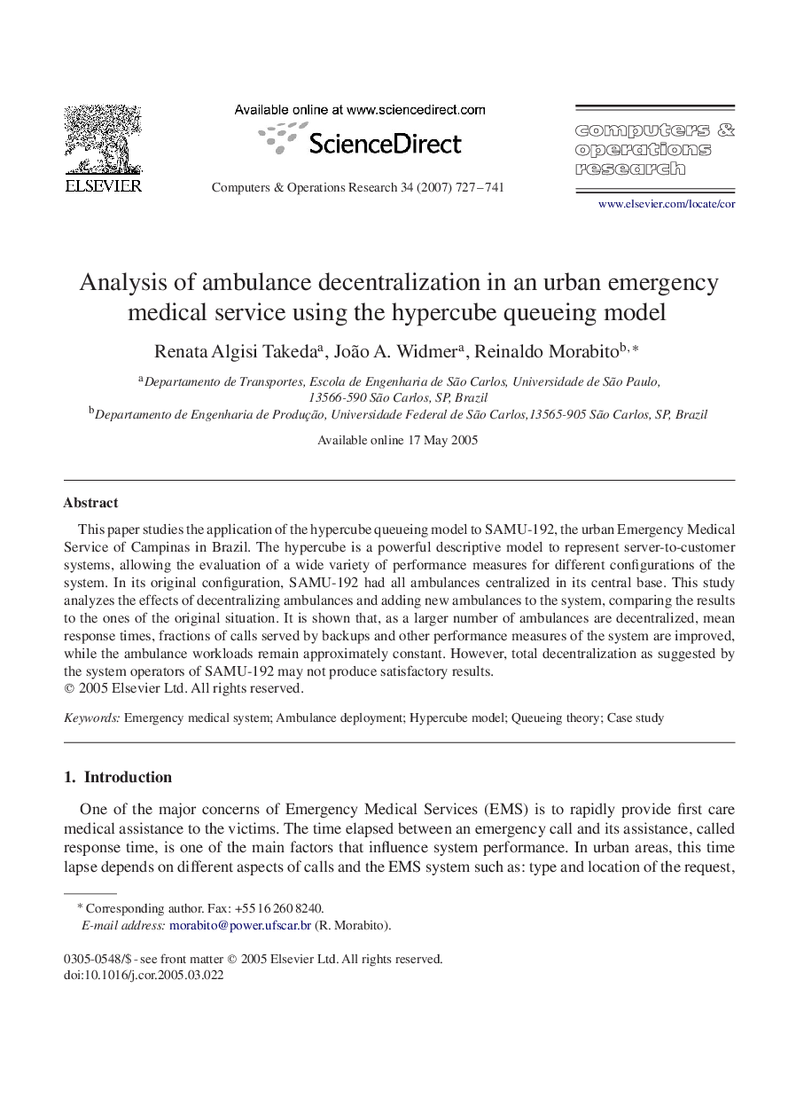 Analysis of ambulance decentralization in an urban emergency medical service using the hypercube queueing model