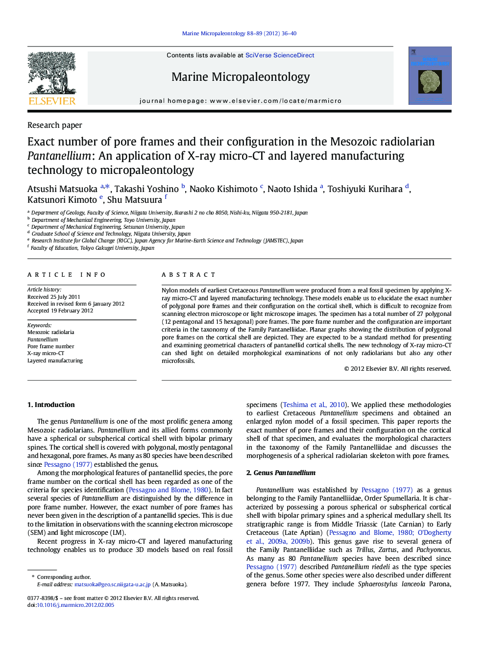 Exact number of pore frames and their configuration in the Mesozoic radiolarian Pantanellium: An application of X-ray micro-CT and layered manufacturing technology to micropaleontology