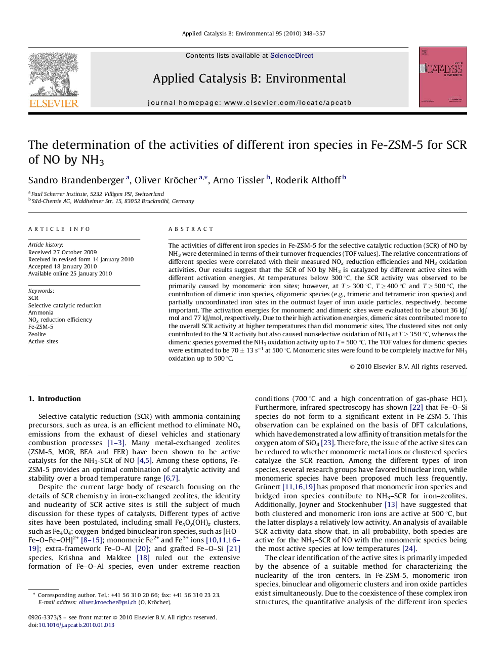 The determination of the activities of different iron species in Fe-ZSM-5 for SCR of NO by NH3