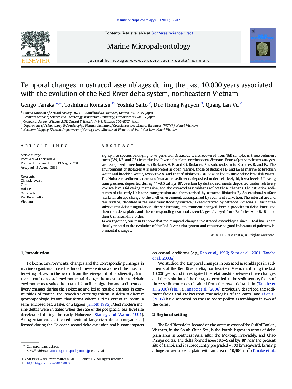 Temporal changes in ostracod assemblages during the past 10,000Â years associated with the evolution of the Red River delta system, northeastern Vietnam