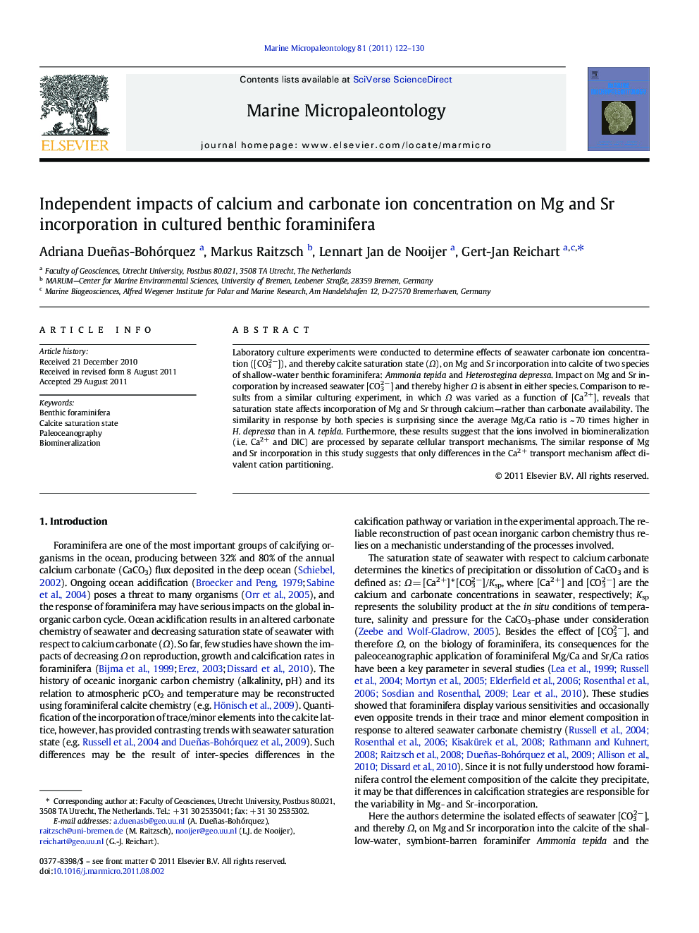 Independent impacts of calcium and carbonate ion concentration on Mg and Sr incorporation in cultured benthic foraminifera