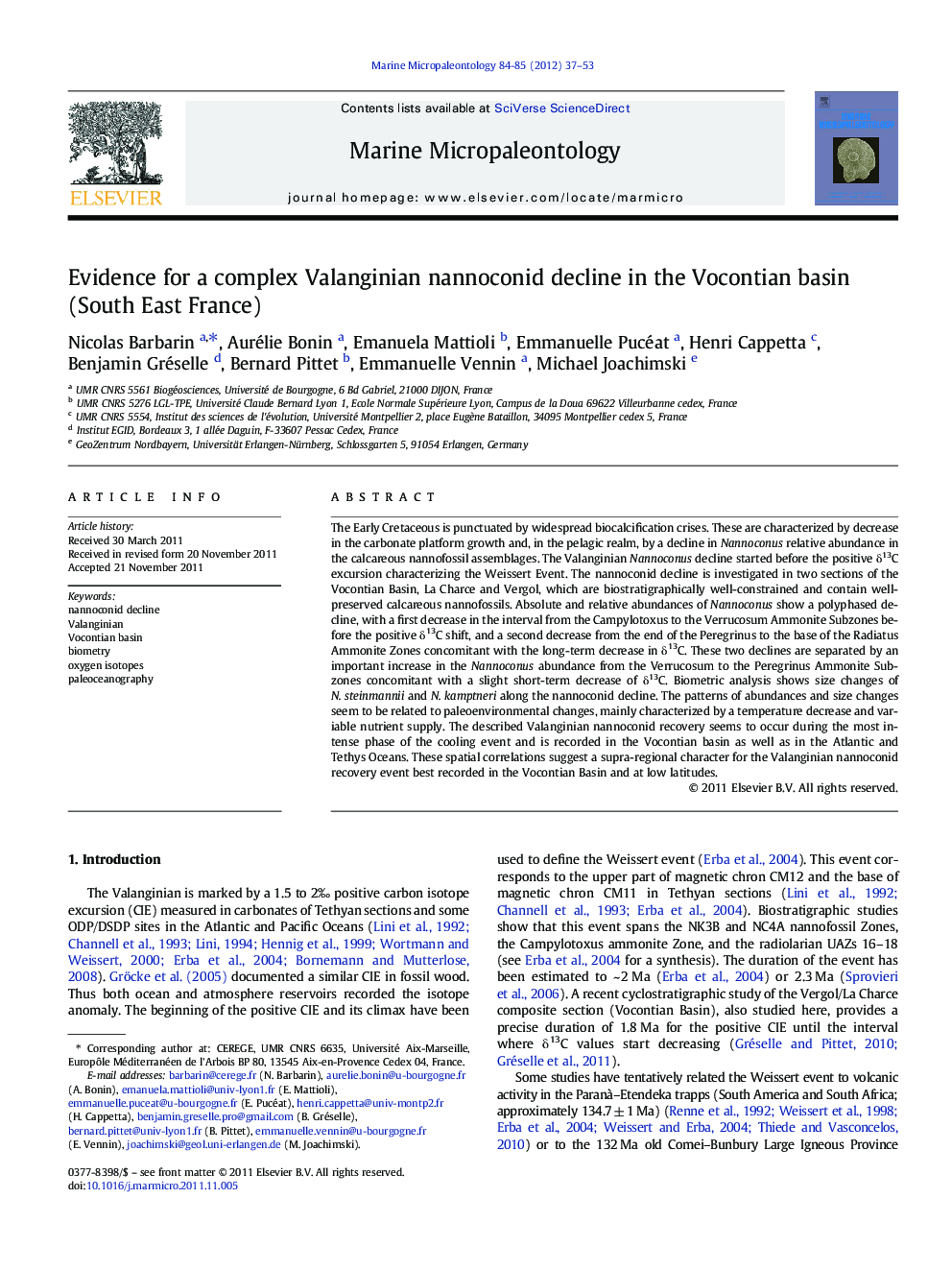 Evidence for a complex Valanginian nannoconid decline in the Vocontian basin (South East France)