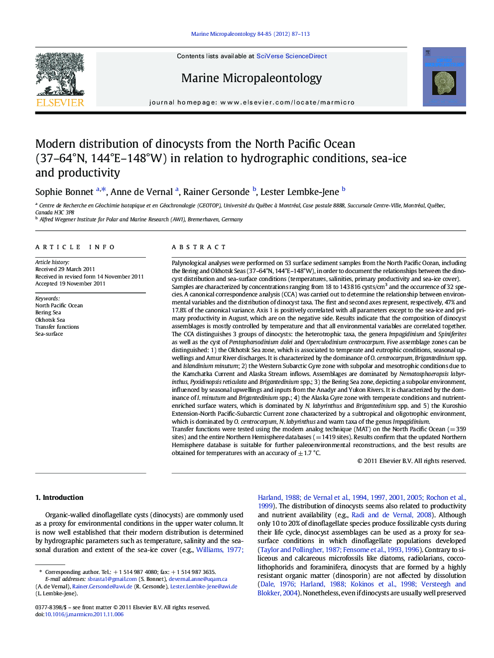 Modern distribution of dinocysts from the North Pacific Ocean (37–64°N, 144°E–148°W) in relation to hydrographic conditions, sea-ice and productivity