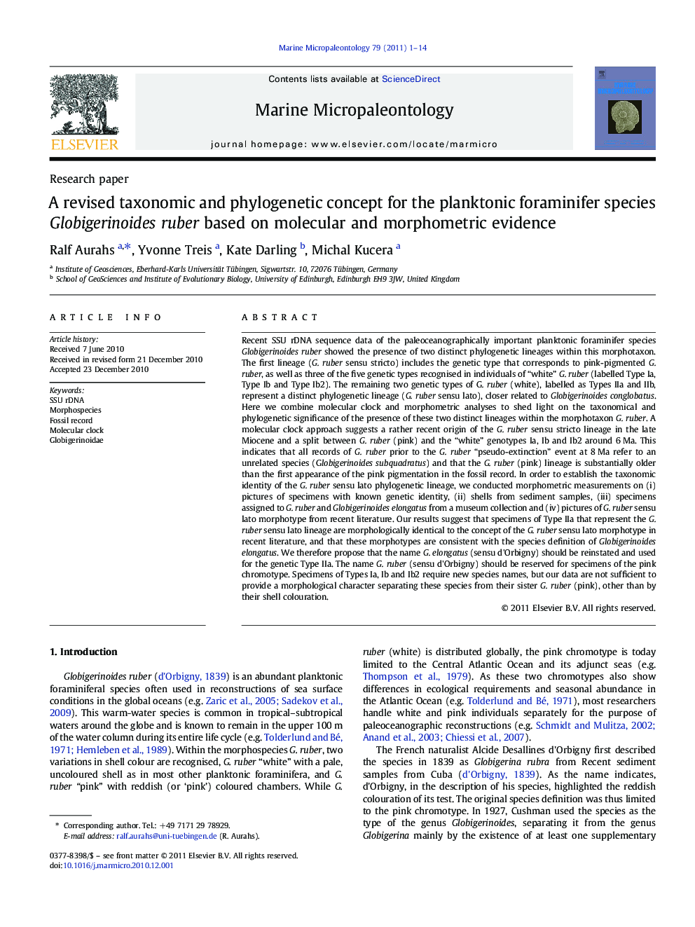 A revised taxonomic and phylogenetic concept for the planktonic foraminifer species Globigerinoides ruber based on molecular and morphometric evidence