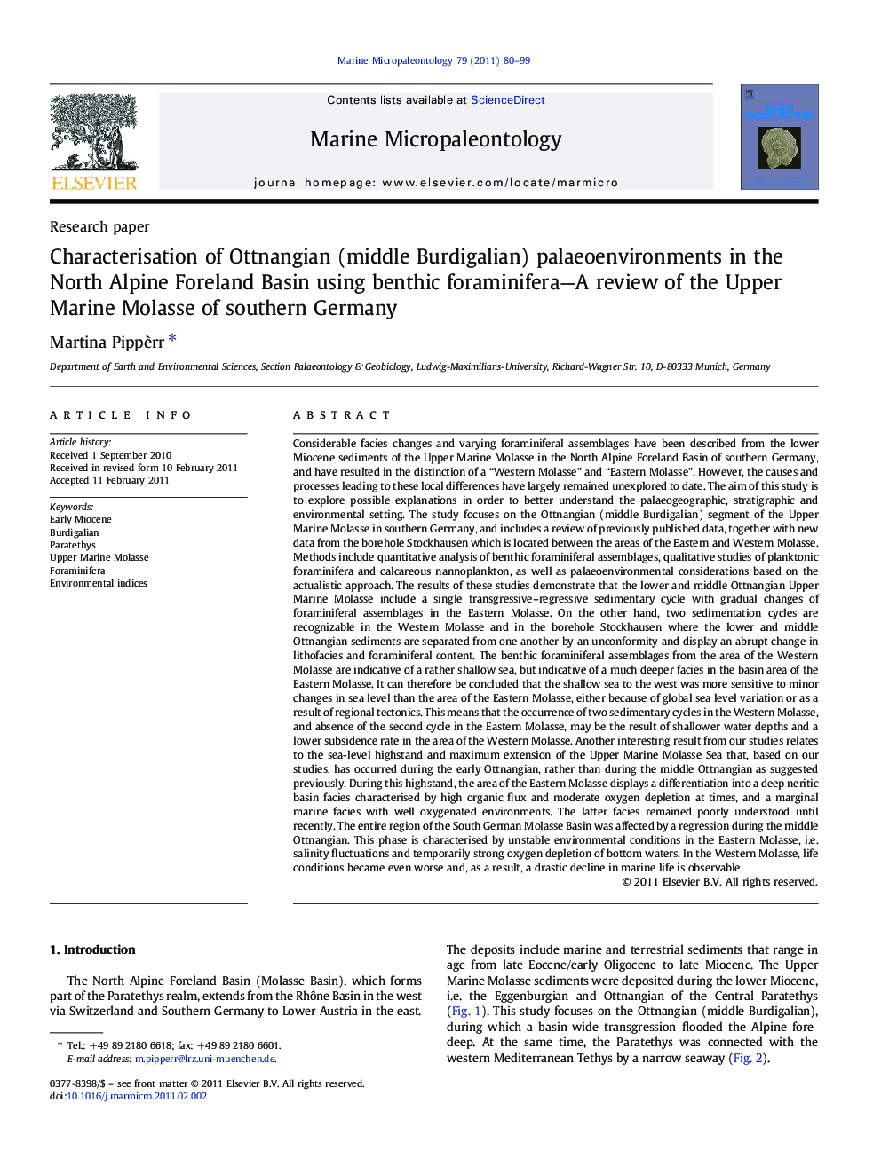 Characterisation of Ottnangian (middle Burdigalian) palaeoenvironments in the North Alpine Foreland Basin using benthic foraminifera—A review of the Upper Marine Molasse of southern Germany