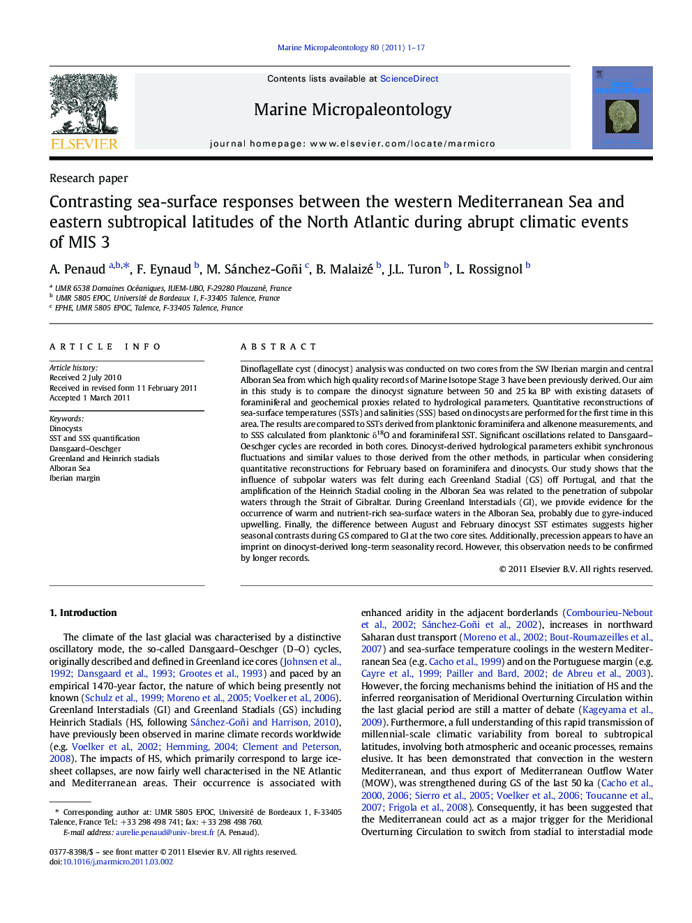 Contrasting sea-surface responses between the western Mediterranean Sea and eastern subtropical latitudes of the North Atlantic during abrupt climatic events of MIS 3