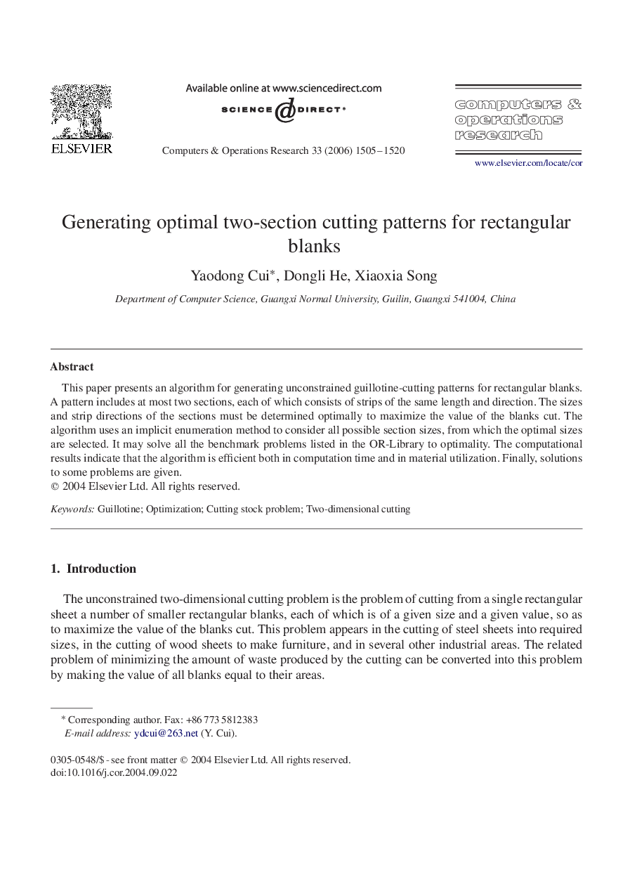 Generating optimal two-section cutting patterns for rectangular blanks