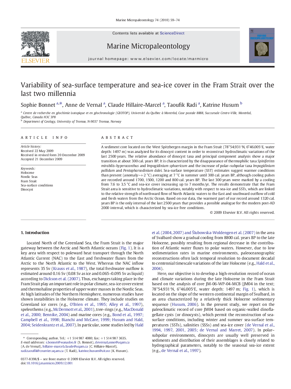 Variability of sea-surface temperature and sea-ice cover in the Fram Strait over the last two millennia