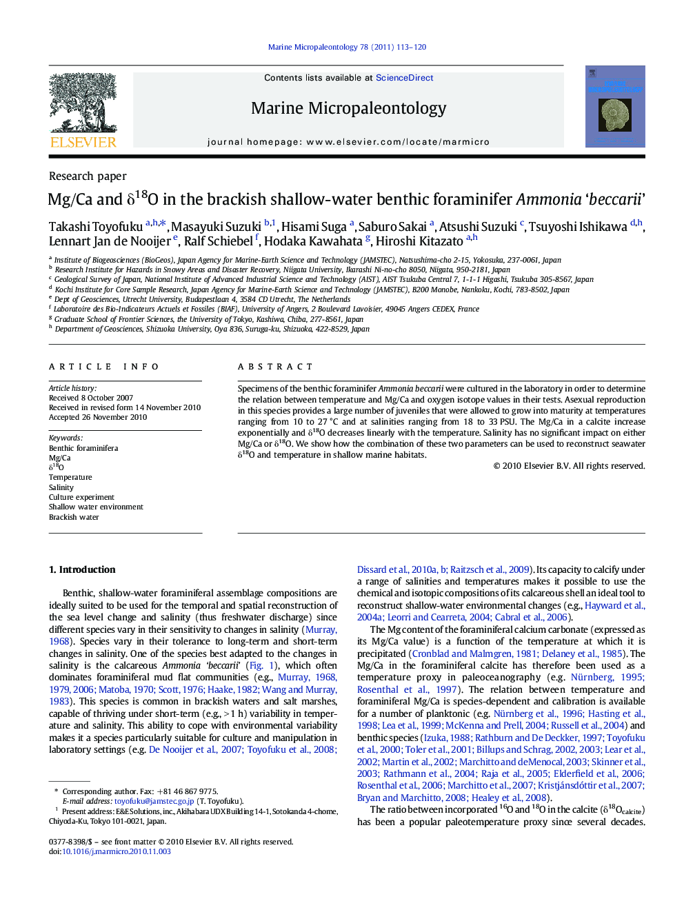 Mg/Ca and δ18O in the brackish shallow-water benthic foraminifer Ammonia ‘beccarii’