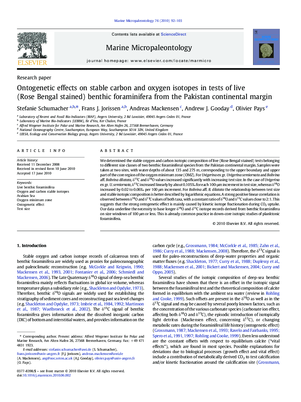 Ontogenetic effects on stable carbon and oxygen isotopes in tests of live (Rose Bengal stained) benthic foraminifera from the Pakistan continental margin