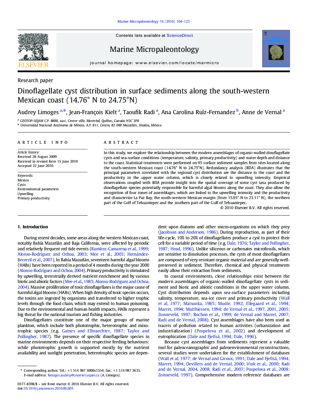 Dinoflagellate cyst distribution in surface sediments along the south-western Mexican coast (14.76° N to 24.75°N)