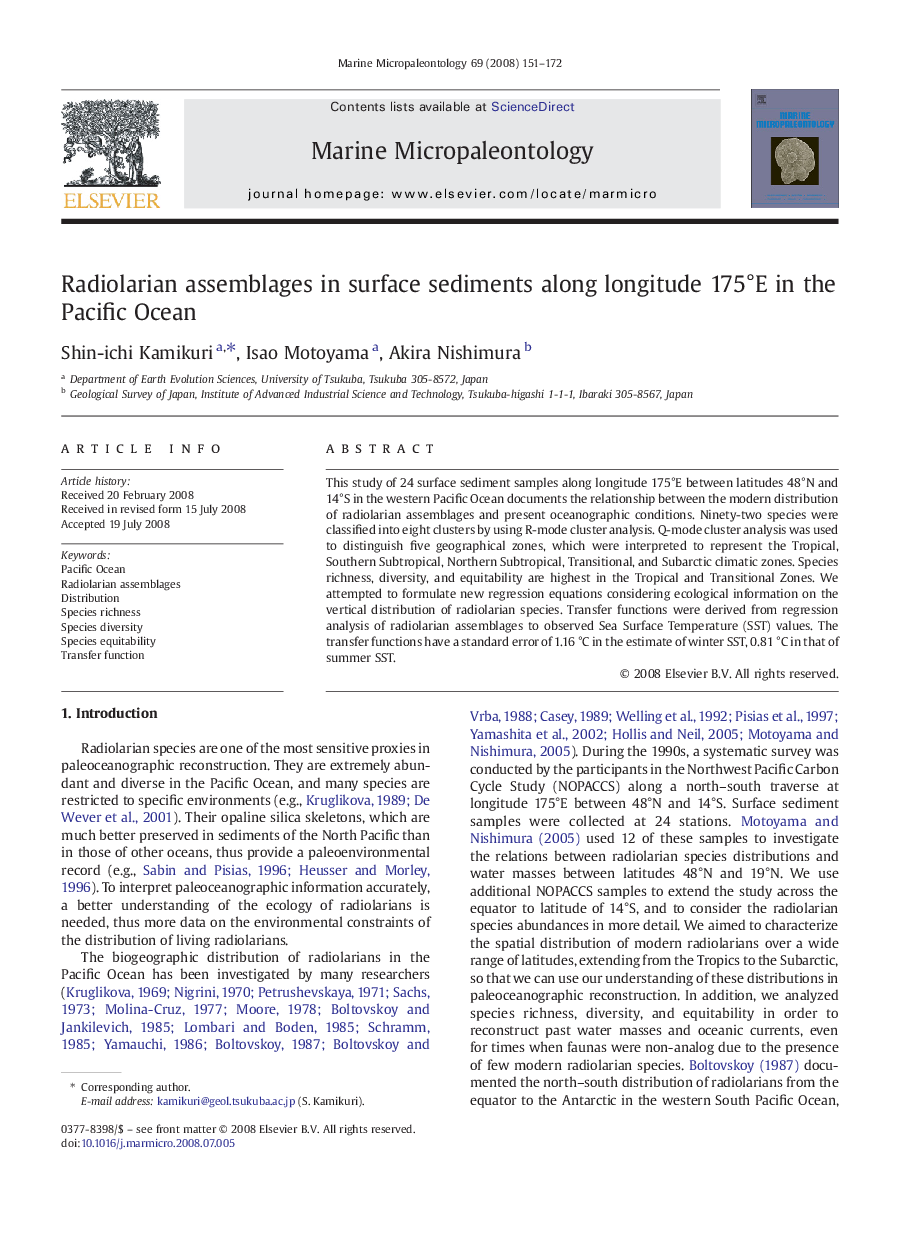 Radiolarian assemblages in surface sediments along longitude 175Â°E in the Pacific Ocean