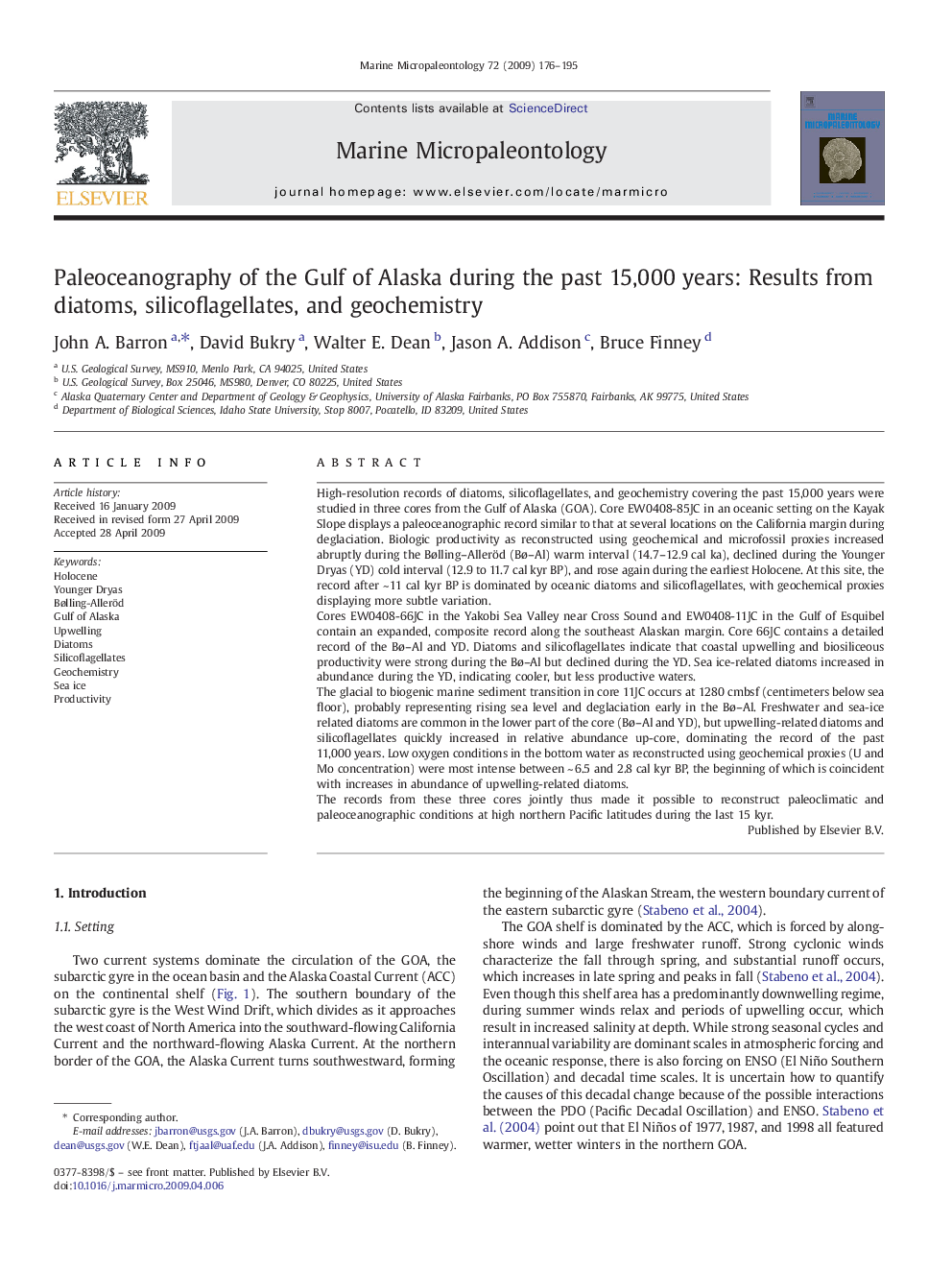 Paleoceanography of the Gulf of Alaska during the past 15,000 years: Results from diatoms, silicoflagellates, and geochemistry