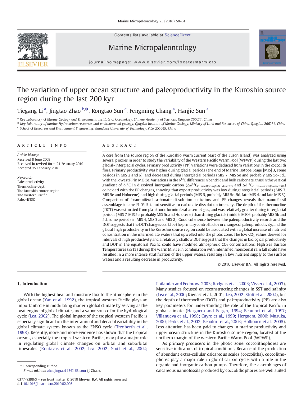 The variation of upper ocean structure and paleoproductivity in the Kuroshio source region during the last 200 kyr